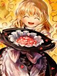  1girl apron black_dress blonde_hair blush closed_eyes dress hat hat_removed hat_ribbon headwear_removed holding holding_hat kirisame_marisa kozou_(soumuden) long_hair open_mouth petals puffy_sleeves ribbon shirt short_sleeves simple_background smile solo touhou turtleneck waist_apron white_shirt witch_hat yellow_background younger 