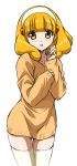  1girl blonde_hair blush hairband kise_yayoi looking_at_viewer naked_sweater open_mouth precure short_hair simple_background smile_precure! solo sweater thigh-highs wauwa white_background yellow_eyes yellow_legwear 