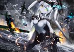  1girl airplane battle bodysuit can cape gloves glowing glowing_eyes hat henet_hene kantai_collection long_hair ocean open_mouth pale_skin shinkaisei-kan silver_hair solo weapon wo-class_aircraft_carrier yellow_eyes 