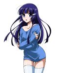  1girl aoki_reika bare_shoulders blue_eyes blue_hair blue_legwear blush hair_ornament hairclip long_hair looking_at_viewer naked_sweater open_mouth precure simple_background smile_precure! solo sweater thigh-highs wauwa white_background 