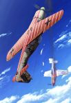  2boys aerial_battle battle clouds damaged dogfight earasensha flight_goggles fw_190 gun highres jacket machine_gun multiple_boys p-51_mustang pilot_suit sky tank_(container) weapon world_war_ii 