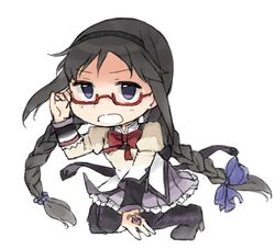  1girl akemi_homura bow braid chibi glasses hair_bow hairband kneeling long_sleeves magical_girl mahou_shoujo_madoka_magica puffy_sleeves red-framed_glasses solo spoilers tsuzuya_(knt31) twin_braids violet_eyes white_background 