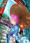  1girl closed_eyes guilty_crown hair_ornament hairclip highres holding_hands japanese_clothes kimono long_hair pink_hair shrine sky smile solo temple torii traditional_clothes umbrella yuzuriha_inori 
