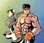  1boy 1girl abs badokami black_hair breasts bun_cover china_dress chinese_clothes chun-li double_bun fingerless_gloves gloves headband highres muscle ryuu_(street_fighter) sash shirtless street_fighter 