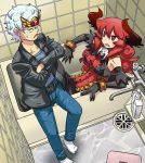  1boy 1girl bathroom bathtub breasts crossed_arms demon_girl demon_horns demon_tail elbow_gloves forehead_jewel gloves horns jacket jeans long_hair maou_beluzel matsuda_yuusuke original red_eyes redhead short_hair sitting socks sweatdrop tail tiara white_hair yuusha_masatoshi yuusha_to_maou 