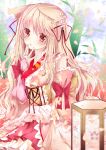  1girl animal_ears bare_shoulders blonde_hair bridal_gauntlets detached_sleeves dog_ears floral_print hand_to_own_mouth japanese_clothes kimono lantern long_hair long_sleeves looking_at_viewer nanase_nao open_mouth original petals pink_eyes solo very_long_hair wide_sleeves 