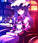 1girl bow capelet chair colorful hair_bow hair_ornament highres kotaroukuroo long_hair long_sleeves looking_at_viewer mob_cap patchouli_knowledge pink_eyes purple_hair sitting solo touhou 