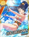  ;d bikini black_hair blush breasts character_name cleavage idolmaster idolmaster_cinderella_girls looking_at_viewer official_art open_mouth ponytail smile sugisaka_umi swimsuit wink 