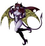  1girl :p bare_shoulders black_sclera boots breasts bridal_gauntlets center_opening choker cleavage demon_girl demon_horns demon_tail demon_wings fearless_night hell_princess high_heels highres horns knee_boots large_breasts long_hair navel pointy_ears pride-kun purple_skin redhead tail tongue wings yellow_eyes 