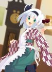  1girl alcohol alternate_costume apron bashamichi blurry blush clock cup depth_of_field grandfather_clock green_eyes hairband japanese_clothes konpaku_youmu long_sleeves looking_at_viewer nigo_(aozoragarou) short_hair silver_hair smile solo touhou tray wine wine_glass yagasuri 