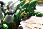  beam_shield feathers glowing glowing_eyes green_eyes gundam gundam_build_fighters mecha no_humans solo tora_(huuunnji) wing_gundam_fenice wings 