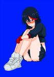  1girl black_hair blue_background blue_eyes blush gloves highres kill_la_kill leg_hug matoi_ryuuko moguri_m multicolored_hair redhead senketsu short_hair simple_background sitting skirt two-tone_hair 