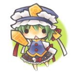  1girl blush chibi green_hair hat open_mouth ribbon rod_of_remorse shikieiki_yamaxanadu short_hair solid_circle_eyes touhou yasiro 