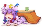  1girl capelet commentary_request crescent cup dress hair_ribbon hat kotatsu lying on_stomach open_clothes open_mouth patchouli_knowledge purple_hair ribbon shinapuu solo striped striped_dress sweat table teacup touhou tress_ribbon under_kotatsu under_table violet_eyes 