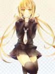  1girl abandon_ranka blonde_hair crescent grey_legwear kantai_collection long_hair long_sleeves necktie personification satsuki_(kantai_collection) short_twintails skirt smile solo thigh-highs twintails very_long_hair yellow_eyes 