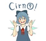  1girl :d bangs blouse blue_dress blue_eyes blue_hair blush bow cirno dress english fairy grin hair_bow open_mouth paigeling pointy_ears puffy_short_sleeves puffy_sleeves short_hair short_sleeves smile solo text touhou white_background wings 