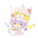  2girls :3 bat_wings blonde_hair blush chibi crystal cup flandre_scarlet flower hat lowres minigirl multiple_girls open_mouth person_on_head purple_hair remilia_scarlet ribbon short_hair siblings side_ponytail sisters smile solid_circle_eyes tea teacup touhou wings yasiro 