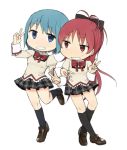  2girls black_legwear blue_eyes blue_hair bow chibi double_v grin hair_bow kneehighs looking_at_viewer mahou_shoujo_madoka_magica miki_sayaka multiple_girls pleated_skirt ponytail red_eyes redhead sakura_kyouko school_uniform skirt smile standing tsuzuya_(knt31) v white_background 