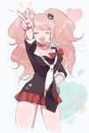  1girl blue_eyes bowtie breasts cleavage closed_eyes dangan_ronpa enoshima_junko hair_ornament kiyu_tsuitta long_hair necktie pink_hair skirt sleeves_rolled_up solo spoilers twintails v 