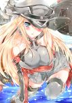  1girl anchor armband bare_shoulders bariko bismarck_(kantai_collection) blonde_hair blue_eyes blush cannon collarbone cross grey_legwear hat kantai_collection long_hair military_hat ocean personification solo star thigh-highs turret weapon 