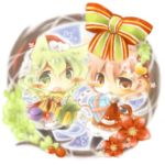  2girls alternate_costume animal_ears cat_ears cat_tail chibi christmas flower gift green_eyes green_hair hairband hat heart highres komeiji_koishi komeiji_satori multiple_girls pink_eyes pink_hair ribbon short_hair siblings sisters tail third_eye touhou wreath yasiro 