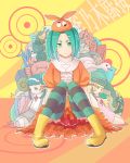  1girl aqua_hair bee bird boots cat character_doll crab doll green_eyes hachikuji_mayoi hat highres monkey monogatari_(series) nisemonogatari ononoki_yotsugi oshino_shinobu shao_(newton) short_hair snail snake striped striped_legwear stuffed_animal stuffed_toy thigh-highs twintails 