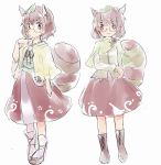  1girl adapted_costume animal_ears boots brown_eyes brown_hair capelet cross-laced_footwear futatsuiwa_mamizou glasses lace-up_boots leaf leaf_on_head lowres raccoon_ears raccoon_tail sandals sen1986 shawl smile tabi tail touhou 