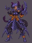  1girl armor armored_dress borrowed_character breasts claws crab dark_skin demon_girl demon_horns demon_tail dual_persona elbow_gloves elbow_pads faulds gloves horns long_hair nise_maou_kanizeru original pantyhose purple_hair sharp_teeth solo tagane tail transformation violet_eyes yuusha_to_maou 