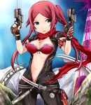  1girl bra breasts cleavage dual_wielding green_eyes gun highres looking_at_viewer navel phantasy_star phantasy_star_online_2 redhead scarf smile solo twintails underwear unzipped weapon yoshimo 