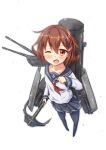  1girl anchor black_legwear brown_eyes brown_hair cannon chigusa collarbone fang hair_ornament hairclip ikazuchi_(kantai_collection) kantai_collection long_sleeves open_mouth personification school_uniform short_hair skirt solo thigh-highs turret weapon white_background wink 