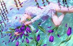  1girl aqua_eyes blue_hair bottomless flower highres lying original rukiana shirt short_hair smile thighs tulip water 