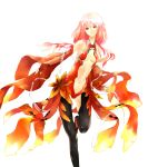  1girl bare_shoulders black_legwear breasts center_opening cleavage derivative_work detached_sleeves fingerless_gloves gloves guilty_crown hair_ornament long_hair navel pink_hair red_eyes solo thigh-highs twintails yuzuriha_inori 