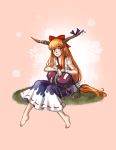  1girl bangs barefoot blush bow chain dress gourd grass hair_bow highres horn_bow horns ibuki_suika long_hair looking_at_viewer oni orange_eyes orange_hair paigeling payot pointy_ears ponytail shackles sitting smile solo touhou very_long_hair wrist_cuffs 