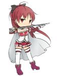  1girl chibi long_hair looking_at_viewer magical_girl mahou_shoujo_madoka_magica pleated_skirt ponytail red_eyes redhead sakura_kyouko skirt solo standing sword tsuzuya_(knt31) weapon white_background white_legwear 