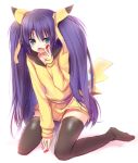  1girl animal_ears blue_eyes cosplay hoodie kneeling little_busters!! long_hair masayu pikachu pikachu_(cosplay) pokemon purple_hair sasasegawa_sasami tail thighhighs twintails 