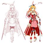  1girl animal_ears armor armored_dress before_and_after black_legwear breastplate breasts brown_hair cleavage comparison dated dual_wielding elke_schumann fatkewell gauntlets gradient_hair greaves green_eyes hand_on_hip multicolored_hair pantyhose rabbit_ears rough sketch sword weapon 