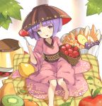  1girl apple barefoot bowl food food_themed_clothes fork fruit grapes hat hillly_(maiwetea) japanese_clothes kimono kiwifruit leaf lemon minigirl orange pudding purple_hair sitting strawberry sukuna_shinmyoumaru touhou violet_eyes 