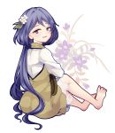  1girl barefoot blue_hair floral_background flower from_behind hair_flower hair_ornament highres knees_up layered_dress looking_at_viewer looking_over_shoulder open_mouth ponytail see-through short_hair sitting solo toenails touhou tsukumo_benben uranaishi_(miraura) violet_(flower) violet_eyes white_background 