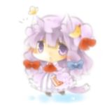  1girl animal_ears blush book butterfly cat_ears cat_tail chibi hat long_hair lowres open_mouth patchouli_knowledge purple_hair ribbon tail touhou violet_eyes yasiro 
