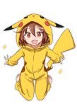  1girl animal_costume barefoot blush_stickers brown_eyes brown_hair chigusa hair_ornament hairclip ikazuchi_(kantai_collection) kantai_collection long_sleeves open_mouth personification pikachu pokemon short_hair solo white_background 