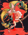  1girl amputee blonde_hair blood blue_eyes boots bow dress drill_hair eyepatch hair_bow harime_nui kill_la_kill long_hair mouth_hold no_arms nokuran platform_footwear red_string solo spoilers string twin_drills 