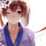  1girl blush brown_eyes brown_hair cherry_blossoms collarbone face flower kaga_(kantai_collection) kantai_collection personification petals sa_(h28085) short_hair side_ponytail solo wink 