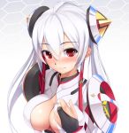  1girl breasts bridal_gauntlets cleavage eto face hex_grid large_breasts long_hair looking_at_viewer matoi_(pso2) phantasy_star phantasy_star_online_2 red_eyes smile solo twintails white_background white_hair 