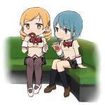  2girls black_legwear blonde_hair blue_hair booth bow chibi couch doughnut drinking eating hair_bow hair_ornament hairclip kneehighs mahou_shoujo_madoka_magica miki_sayaka multiple_girls pantyhose school_uniform sitting straw tomoe_mami tsuzuya_(knt31) white_background 