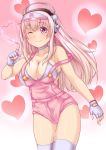  1girl amashoku bikini blush breasts cleavage fingerless_gloves gloves headphones heart large_breasts long_hair looking_at_viewer nitroplus overalls pink_eyes pink_hair smile solo super_sonico swimsuit thighhighs visor_cap wink 
