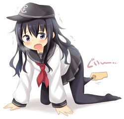  1girl akatsuki_(kantai_collection) all_fours black_hair blue_eyes blush dekosuke hat kantai_collection long_hair neckerchief open_mouth pantyhose pantyhose_tug school_uniform serafuku skirt solo_focus trembling 