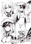  1girl bare_shoulders bikini bismarck_(kantai_collection) blush breasts cleavage collarbone hat highres kantai_collection long_hair looking_at_viewer military_hat monochrome musical_note navel oota_yuuichi open_mouth personification smile solo swimsuit translated very_long_hair 