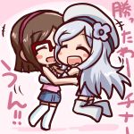  2girls :d ^_^ aila_jyrkiainen blush_stickers boots brown_hair chibi closed_eyes glasses gundam gundam_build_fighters hairband hat hug ikkyuu kousaka_china long_hair multiple_girls open_mouth over-rim_glasses red-framed_glasses semi-rimless_glasses short_hair silver_hair skirt smile thigh-highs thigh_boots translation_request 