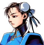  1girl black_hair bun_cover capcom chun-li double_bun earrings edayan eyeshadow jewelry lips makeup nose official_art profile short_hair solo street_fighter street_fighter_ii super_street_fighter_ii_x 