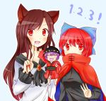  3girls :d ^_^ ^o^ animal_ears arm_up blue_background bow bowl brown_hair capelet closed_eyes counting covered_mouth fang fingernails frilled_sleeves hair_bow imaizumi_kagerou japanese_clothes kimono long_fingernails long_hair minigirl multiple_girls open_mouth purple_hair red_eyes red_fingernails redhead sekibanki short_hair smile sukuna_shinmyoumaru touhou wkyw9647_(artist) wolf_ears 